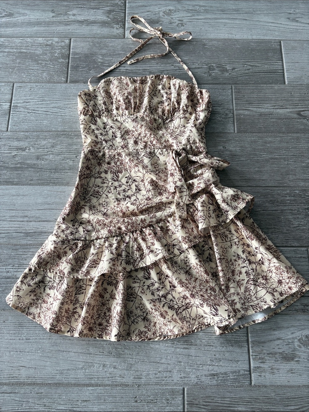 Halter Floral Ruffle Mini Dress in Cream and Brown